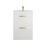 Turin 600mm Floor Standing Vanity Unit Gloss White 2 Drawer Minimalist Basin Unit with Brushed Brass Handle