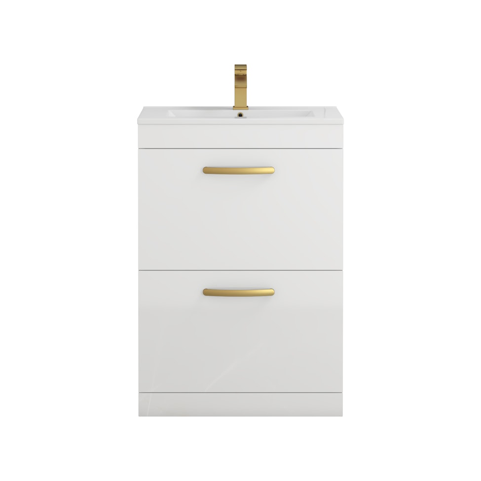 Turin 600mm Floor Standing Vanity Unit Gloss White 2 Drawer Minimalist Basin Unit with Brushed Brass Handle