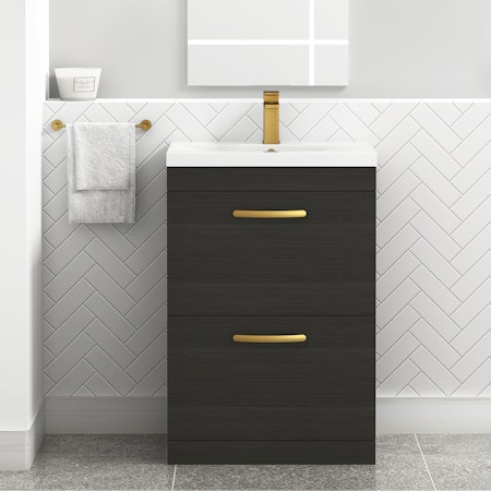 Turin 600mm Floor Standing Vanity Unit Hale Black 2 Drawer Mid-Edge Basin Unit with Brushed Brass Handle
