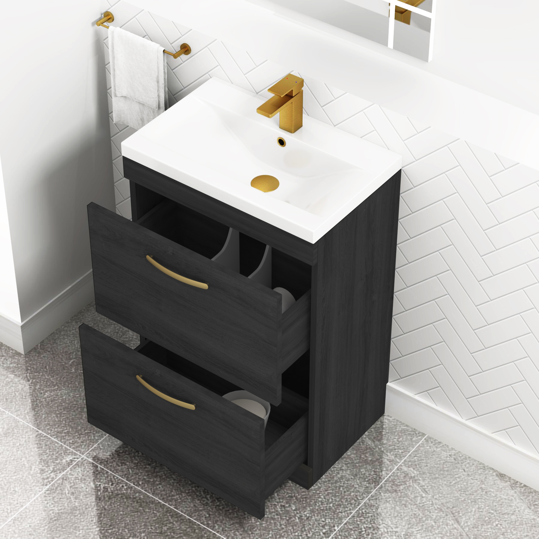 Turin 600mm Floor Standing Vanity Unit Hale Black 2 Drawer Mid-Edge Basin Unit with Brushed Brass Handle