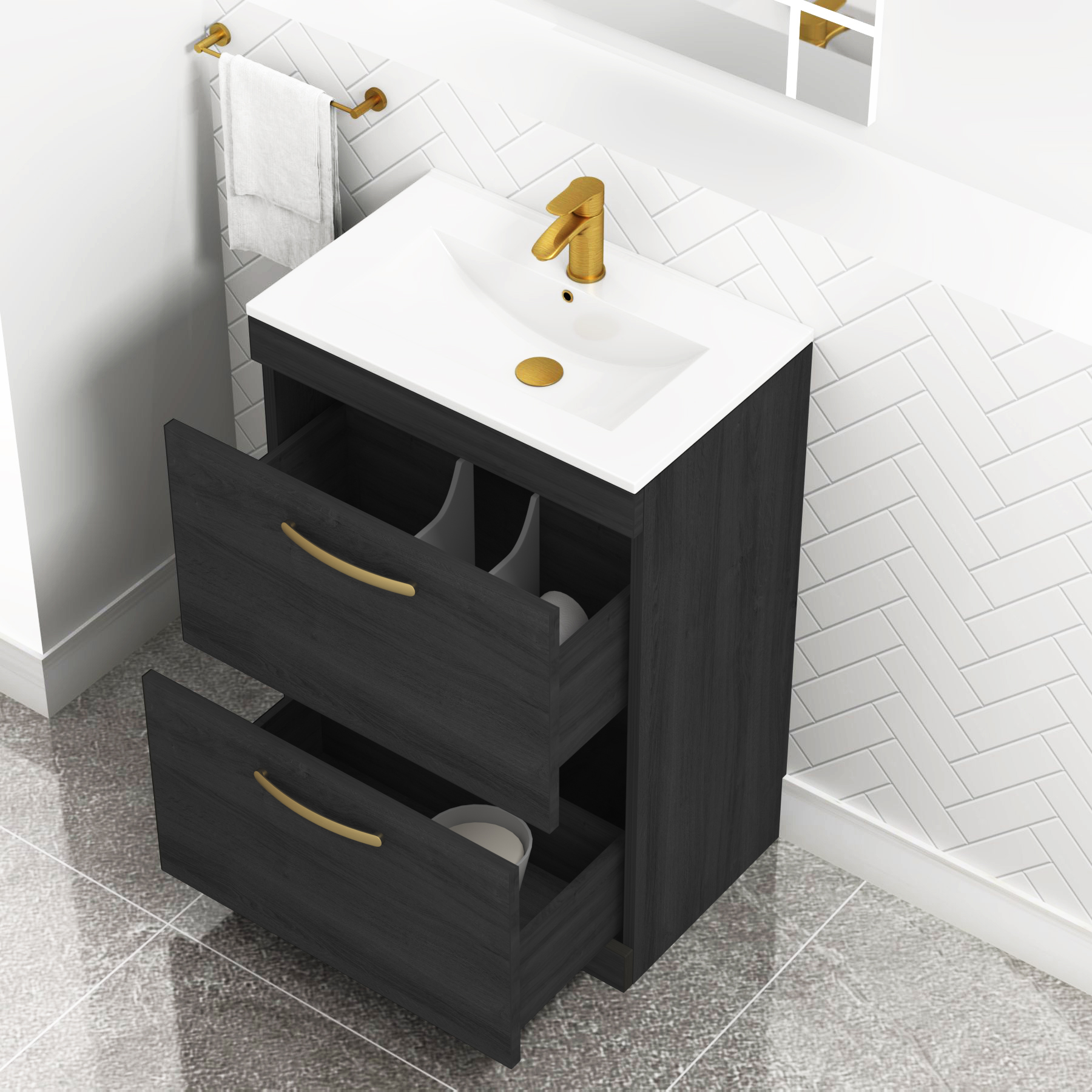 Turin 600mm Floor Standing Vanity Unit Hale Black 2 Drawer Minimalist Basin Unit with Brushed Brass Handle
