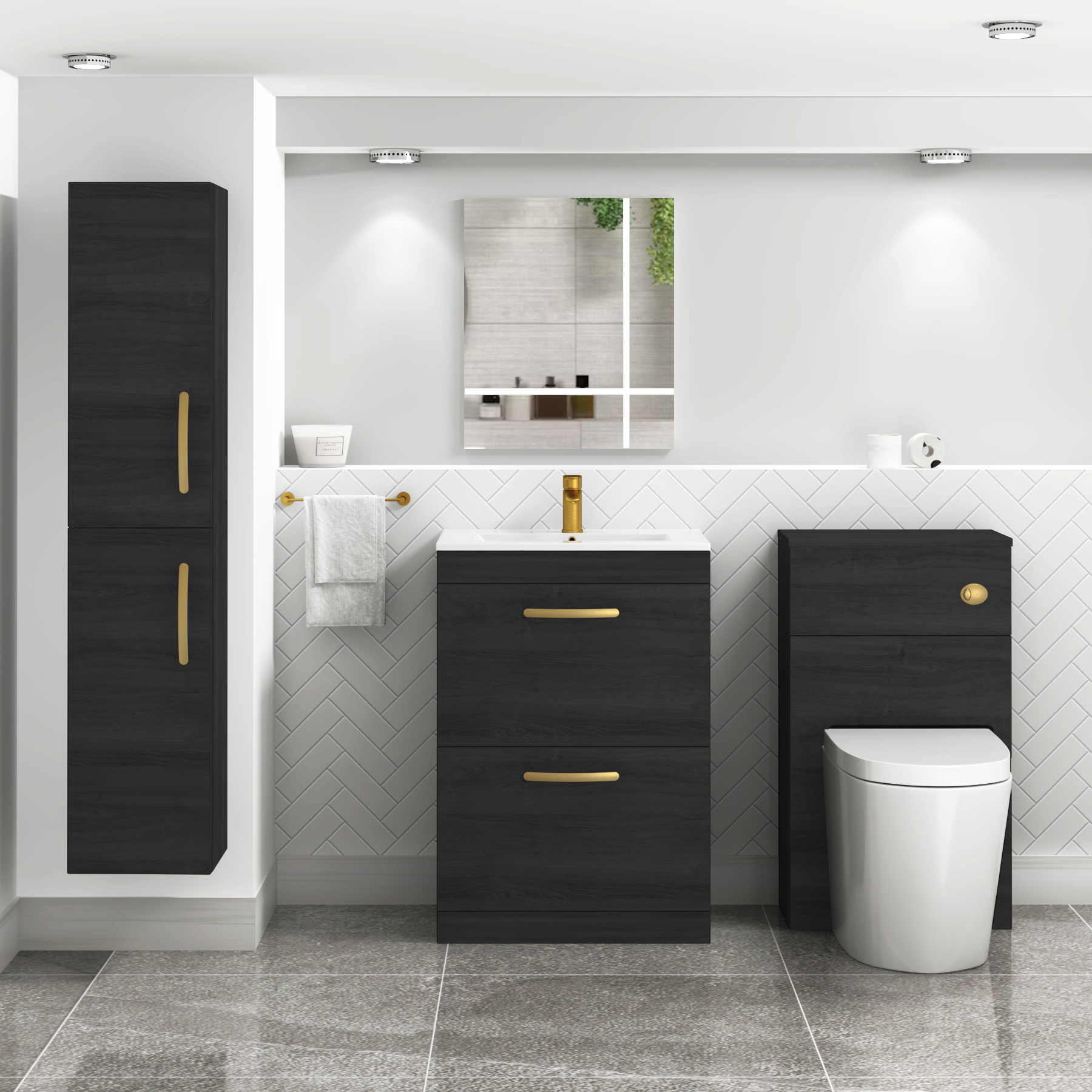 Turin 600mm Floor Standing Vanity Unit Hale Black 2 Drawer Minimalist Basin Unit with Brushed Brass Handle