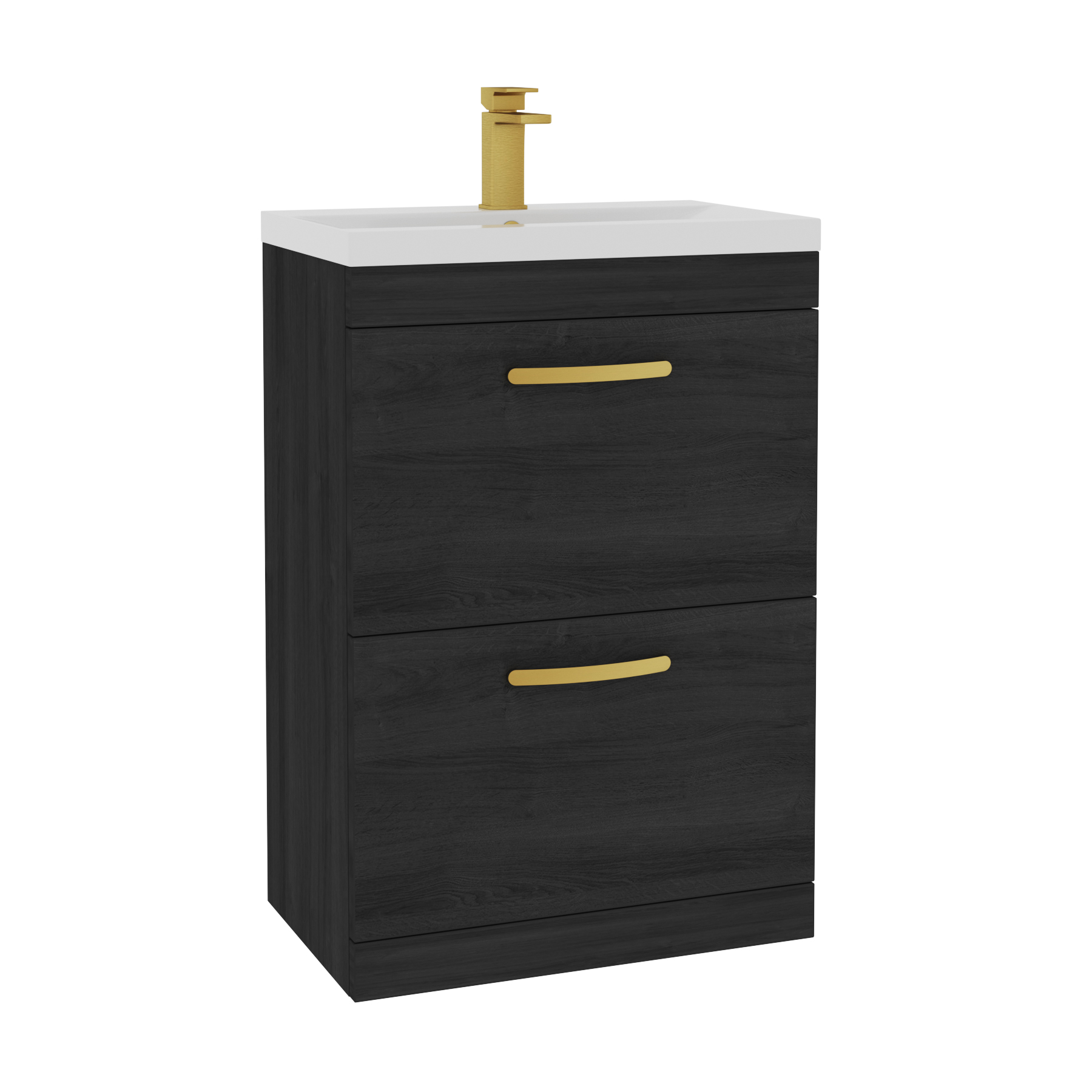 Turin 600mm Floor Standing Vanity Unit Hale Black 2 Drawer Mid-Edge Basin Unit with Brushed Brass Handle