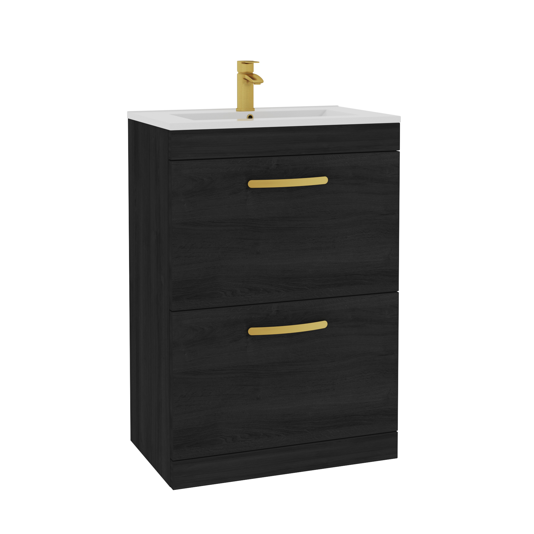 Turin 600mm Floor Standing Vanity Unit Hale Black 2 Drawer Minimalist Basin Unit with Brushed Brass Handle
