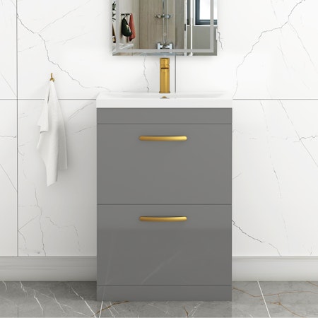 Turin 600mm Floor Standing Vanity Unit Indigo Grey Gloss 2 Drawer Mid-Edge Basin Unit with Brushed Brass Handle