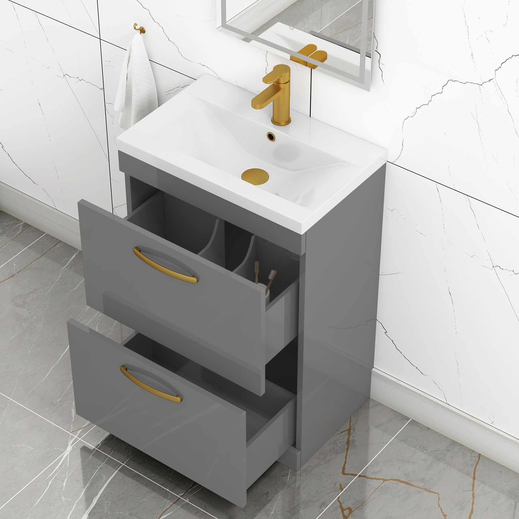 Turin 600mm Floor Standing Vanity Unit Indigo Grey Gloss 2 Drawer Mid-Edge Basin Unit with Brushed Brass Handle