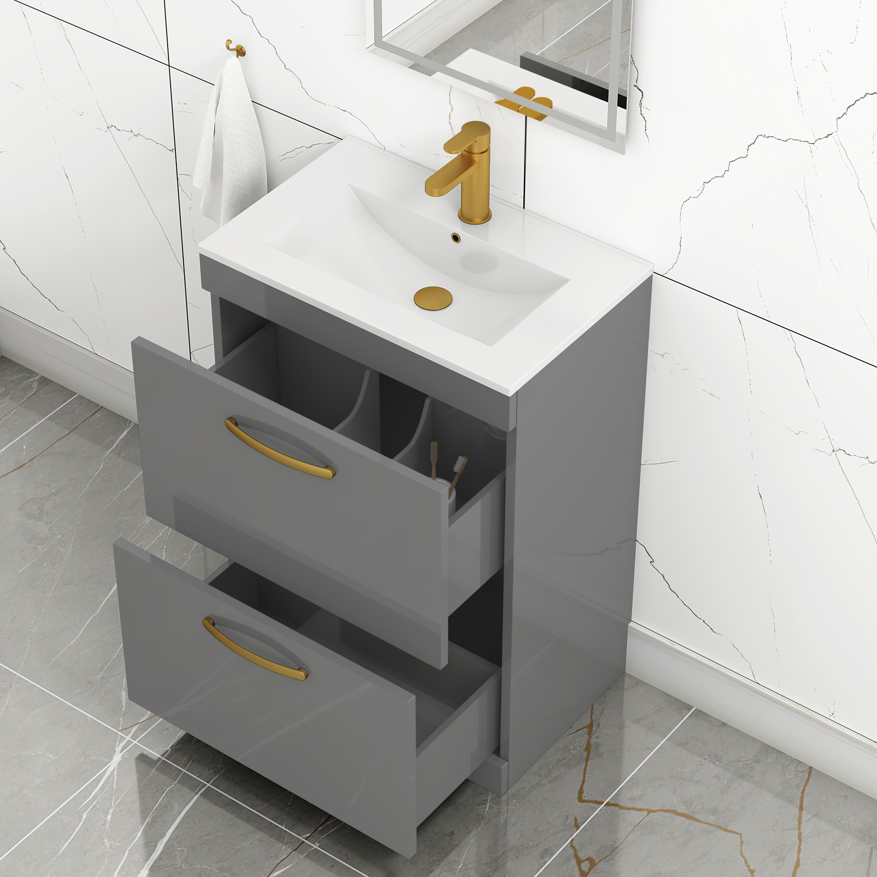 Turin 600mm Floor Standing Vanity Unit Indigo Grey Gloss 2 Drawer Minimalist Basin Unit with Brushed Brass Handle