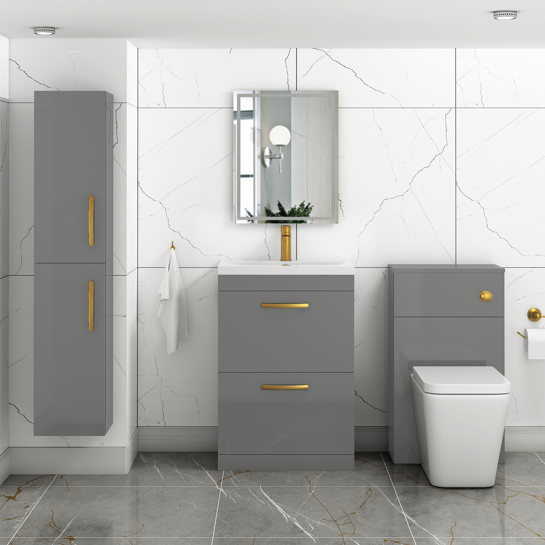 Turin 600mm Floor Standing Vanity Unit Indigo Grey Gloss 2 Drawer Mid-Edge Basin Unit with Brushed Brass Handle