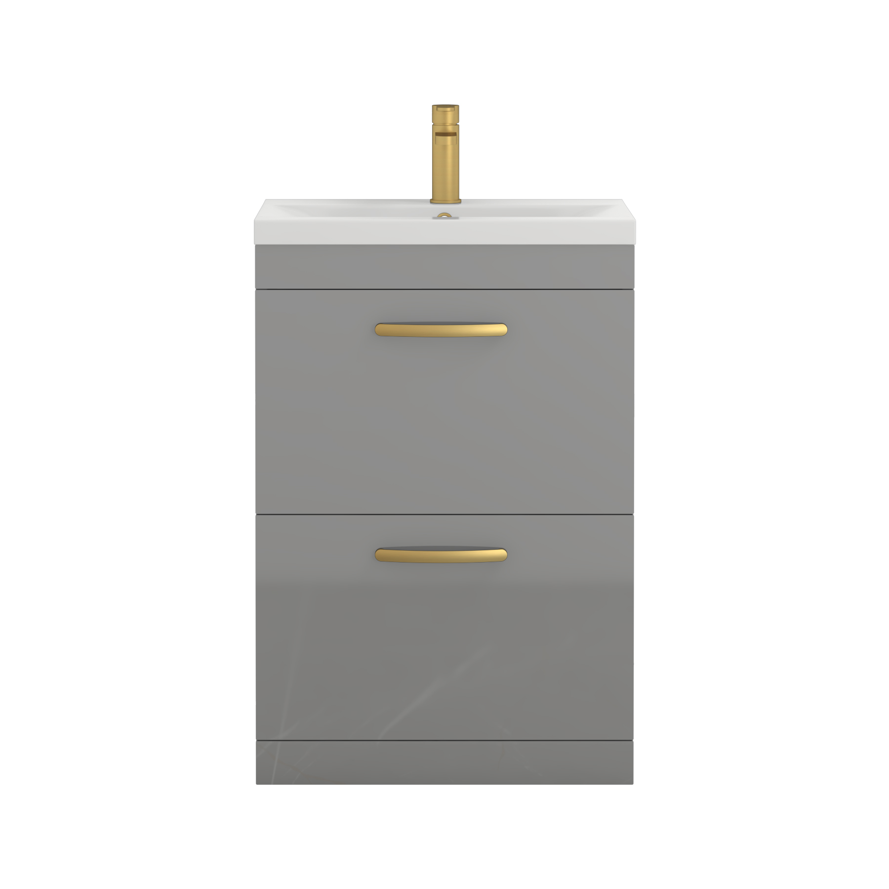 Turin 600mm Floor Standing Vanity Unit Indigo Grey Gloss 2 Drawer Mid-Edge Basin Unit with Brushed Brass Handle