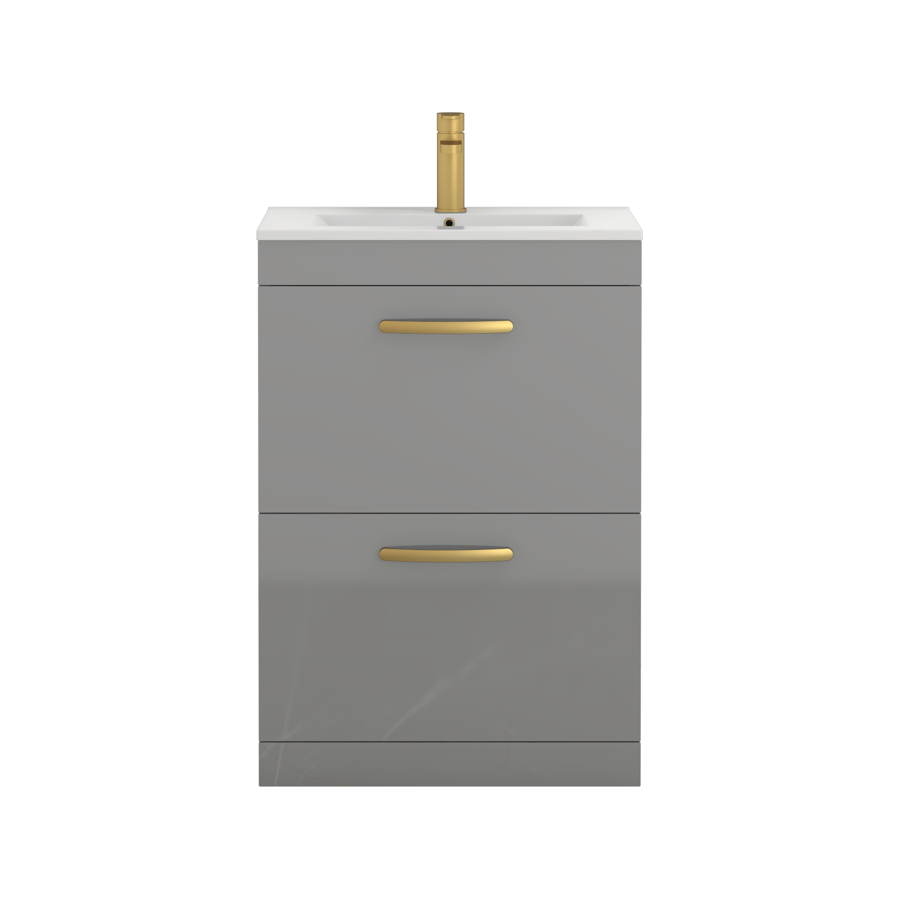 Turin 600mm Floor Standing Vanity Unit Indigo Grey Gloss 2 Drawer Minimalist Basin Unit with Brushed Brass Handle