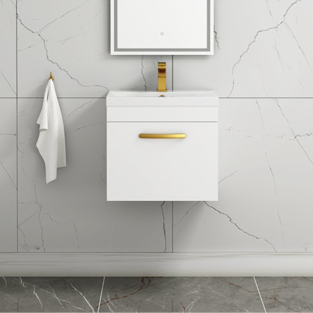 Turin 500mm Wall Hung Vanity Sink Unit 1 Drawer Gloss White - Mid-Edge Basin with Brushed Brass Handle