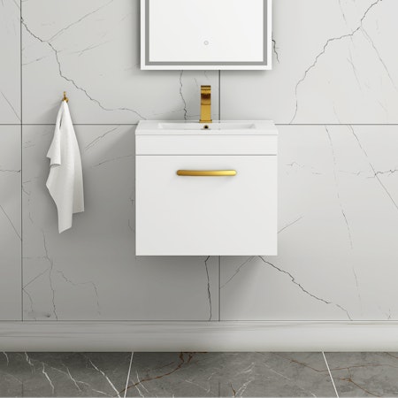 Turin 500mm Wall Hung Vanity Sink Unit 1 Drawer Gloss White - Minimalist Basin with Brushed Brass Handle