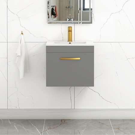 Turin 500mm Wall Hung Vanity Sink Unit 1 Drawer Indigo Grey Gloss - Minimalist Basin with Brushed Brass Handle