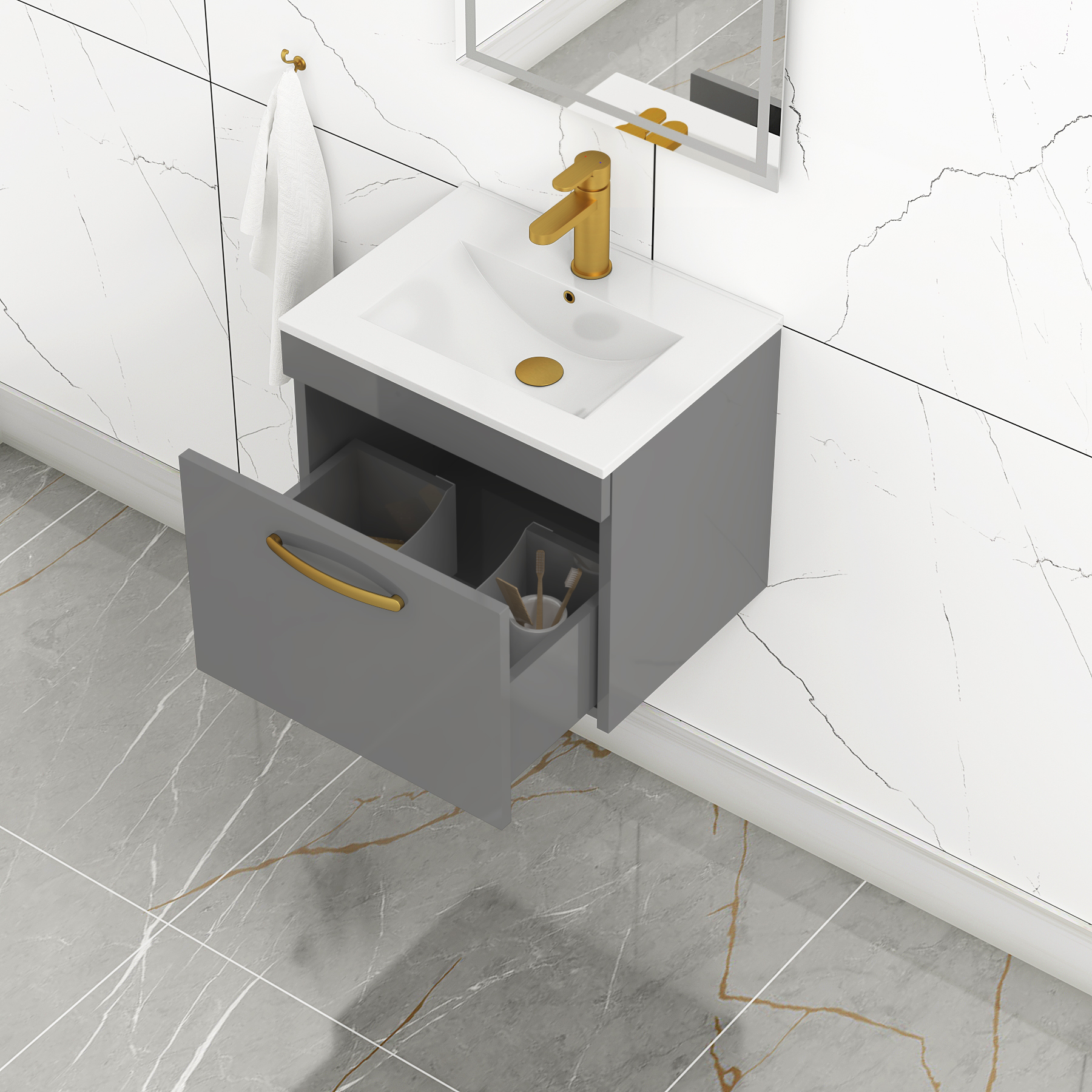 Turin 500mm Wall Hung Vanity Sink Unit 1 Drawer Indigo Grey Gloss ...
