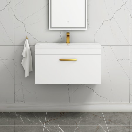 Turin 800mm Wall Hung Vanity Sink Unit 1 Drawer Gloss White - Mid-Edge Basin with Brushed Brass Handle