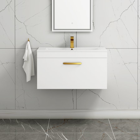 Turin 800mm Wall Hung Vanity Sink Unit 1 Drawer Gloss White - Minimalist Basin with Brushed Brass Handle