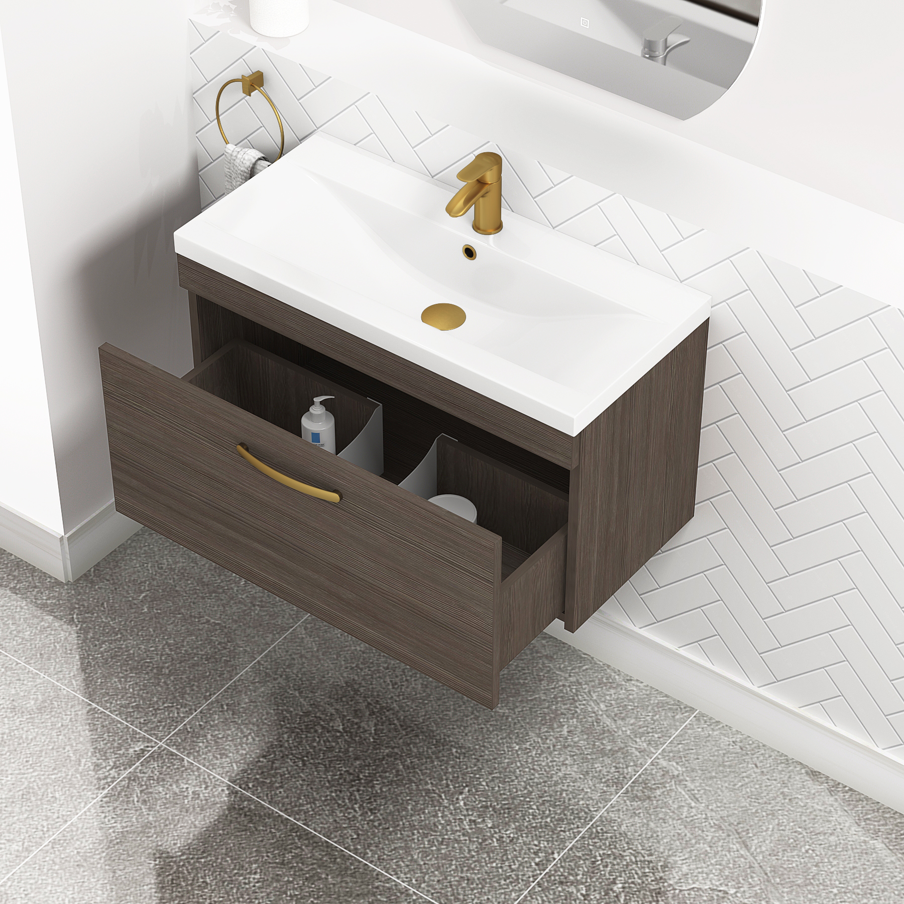 Turin 800mm Wall Hung Vanity Sink Unit 1 Drawer Grey Elm - Mid-Edge Basin with Brushed Brass Handle