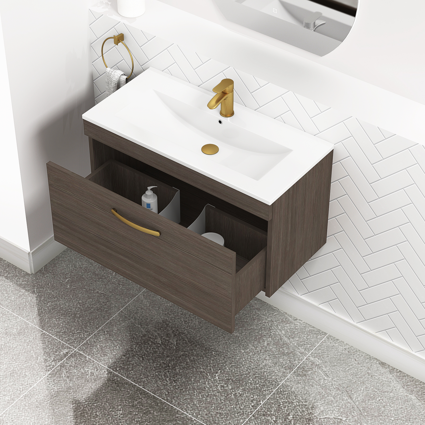 Turin 800mm Wall Hung Vanity Sink Unit 1 Drawer Grey Elm - Minimalist Basin with Brushed Brass Handle