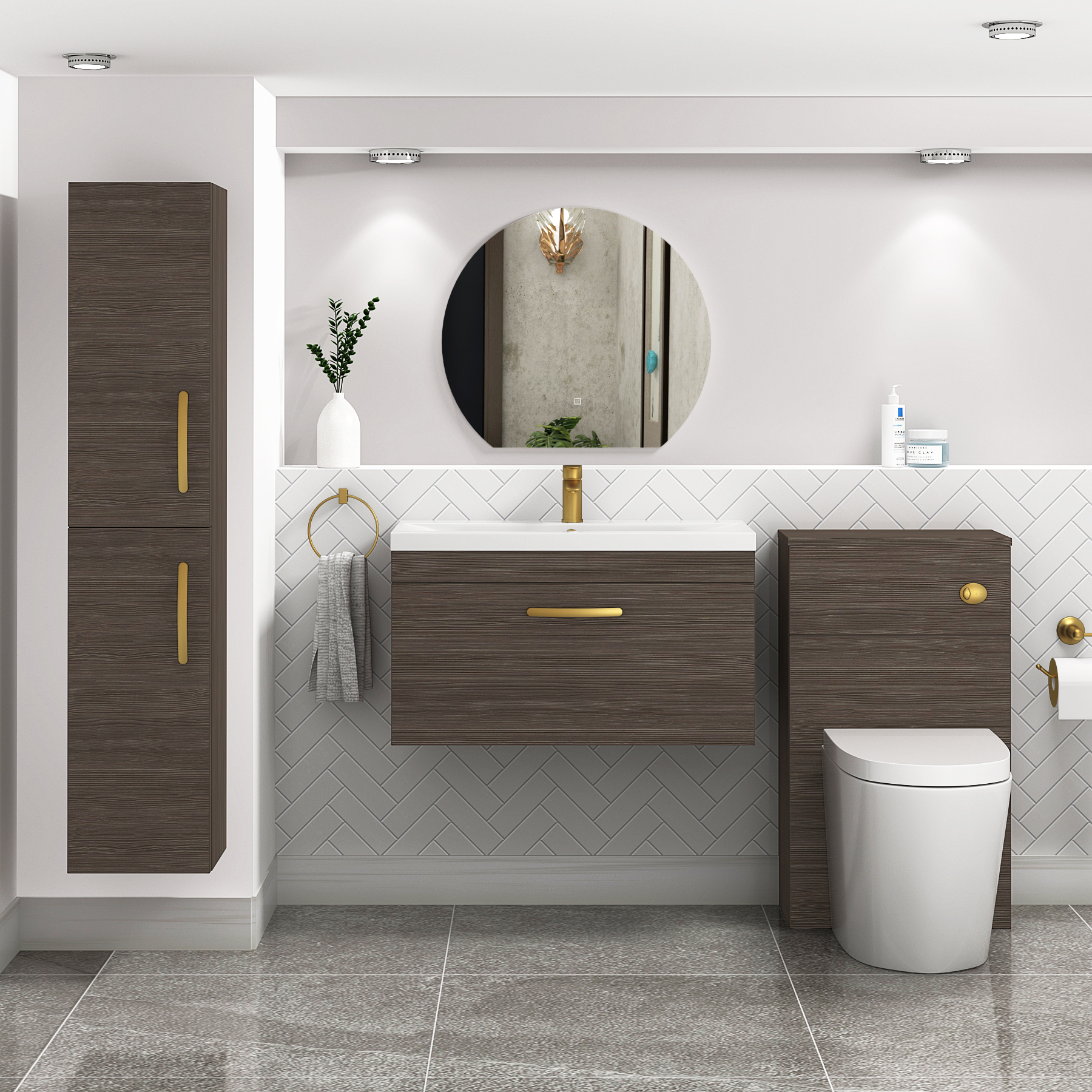 Turin 800mm Wall Hung Vanity Sink Unit 1 Drawer Grey Elm - Mid-Edge Basin with Brushed Brass Handle