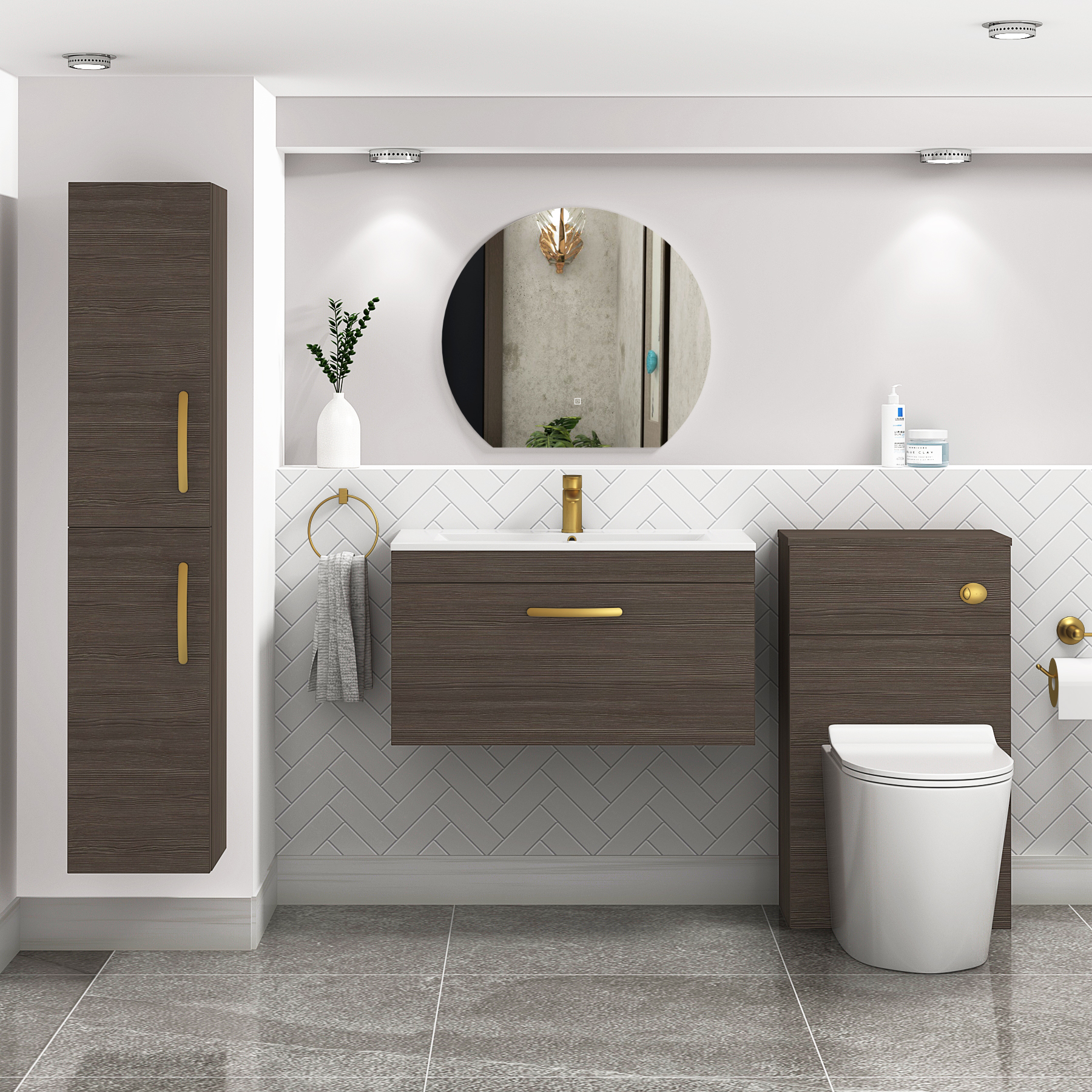 Turin 800mm Wall Hung Vanity Sink Unit 1 Drawer Grey Elm - Minimalist Basin with Brushed Brass Handle