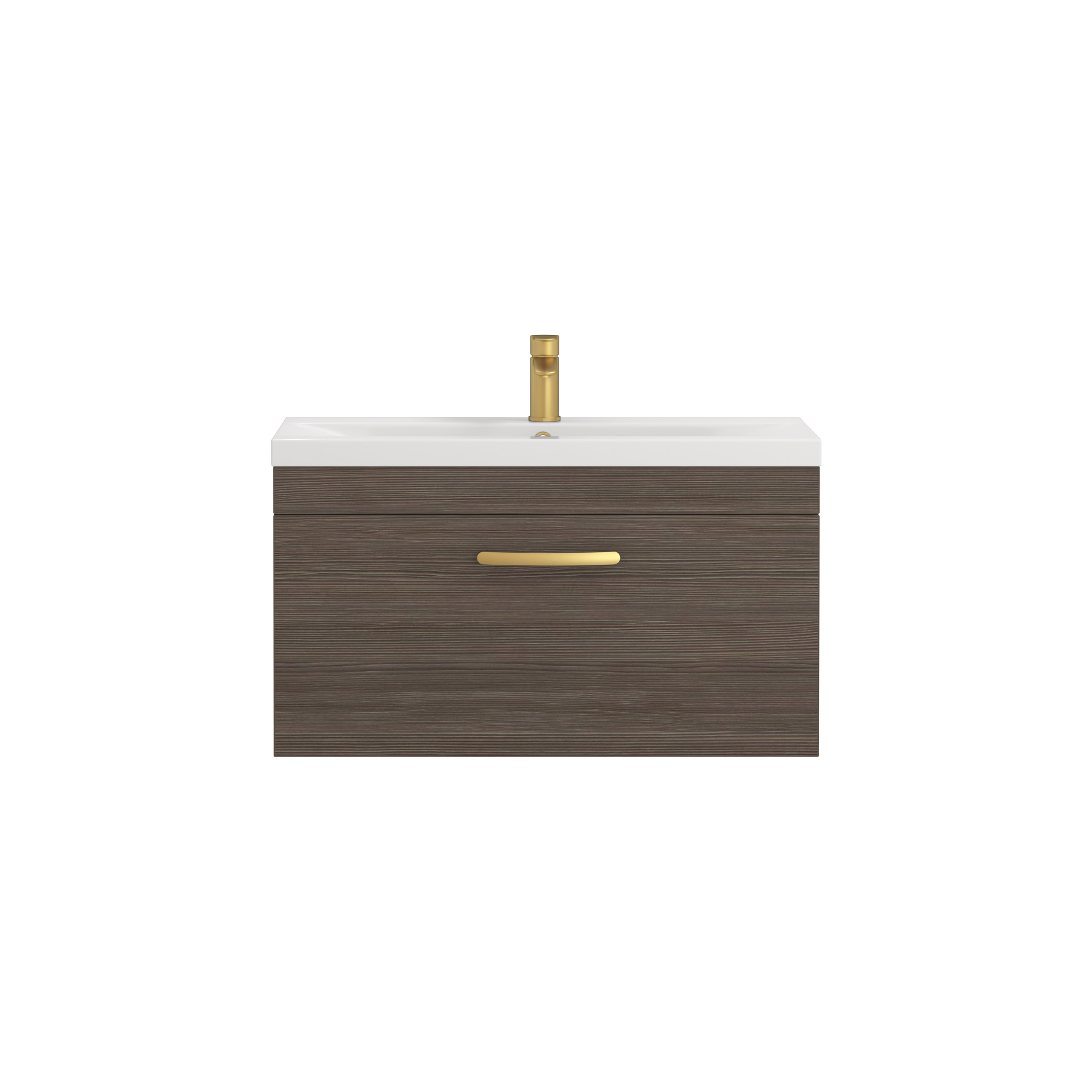 Turin 800mm Wall Hung Vanity Sink Unit 1 Drawer Grey Elm - Mid-Edge Basin with Brushed Brass Handle