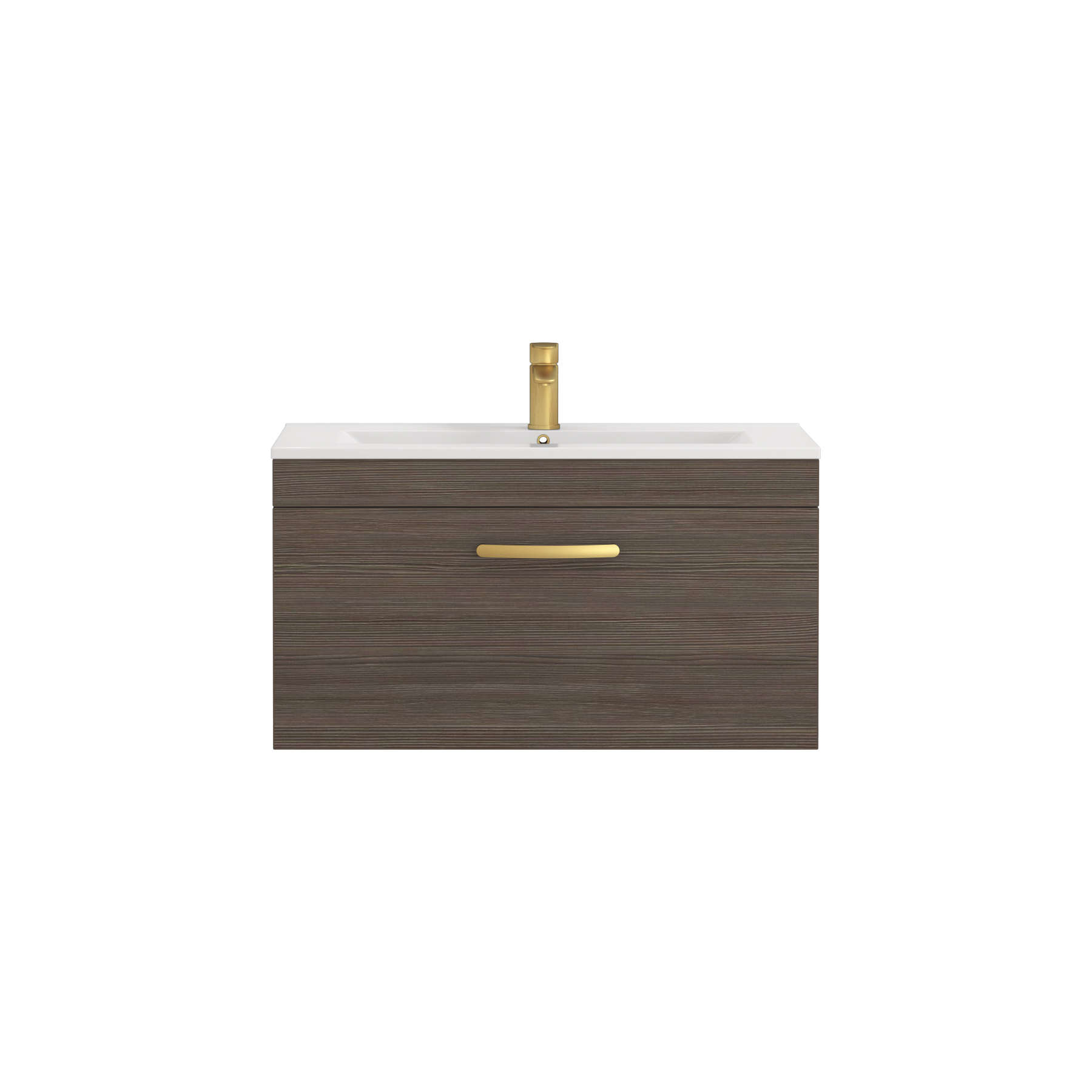 Turin 800mm Wall Hung Vanity Sink Unit 1 Drawer Grey Elm - Minimalist Basin with Brushed Brass Handle