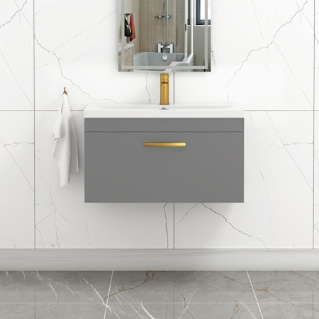 Turin 800mm Wall Hung Vanity Sink Unit 1 Drawer Indigo Grey Gloss - Mid-Edge Basin with Brushed Brass Handle