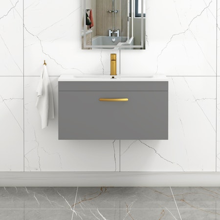 Turin 800mm Wall Hung Vanity Sink Unit 1 Drawer Indigo Grey Gloss - Minimalist Basin with Brushed Brass Handle