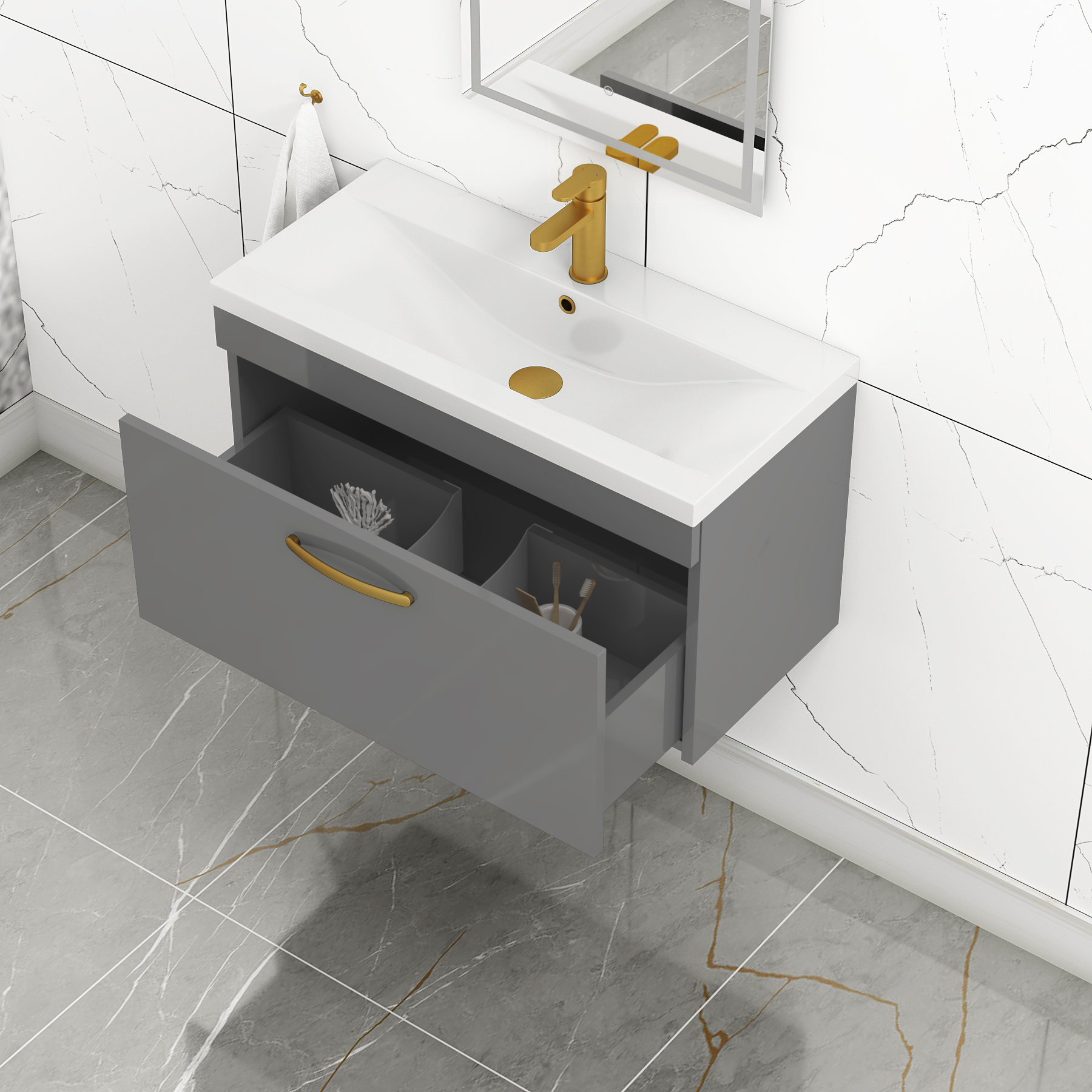 Turin 800mm Wall Hung Vanity Sink Unit 1 Drawer Indigo Grey Gloss - Mid-Edge Basin with Brushed Brass Handle