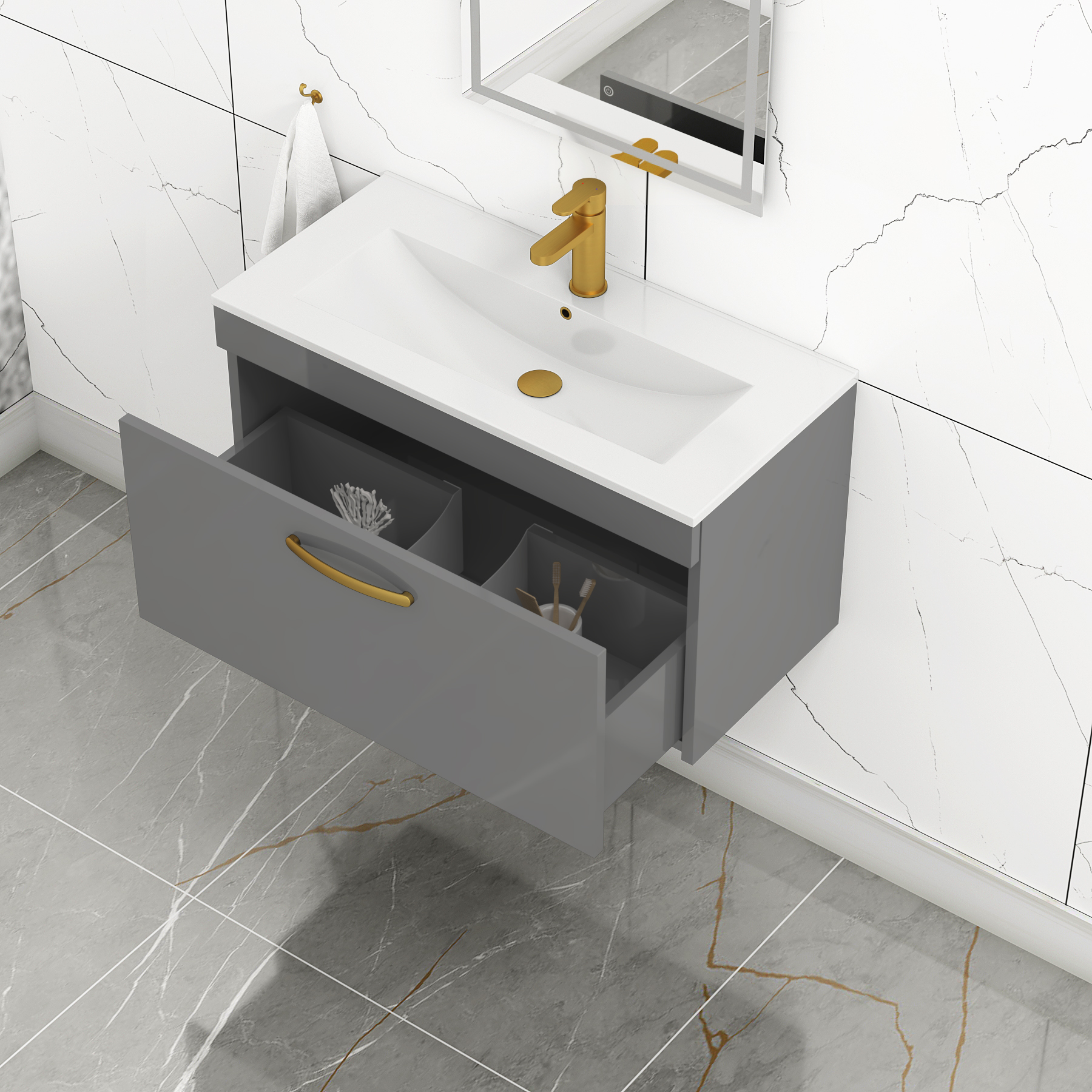 Turin 800mm Wall Hung Vanity Sink Unit 1 Drawer Indigo Grey Gloss - Minimalist Basin with Brushed Brass Handle