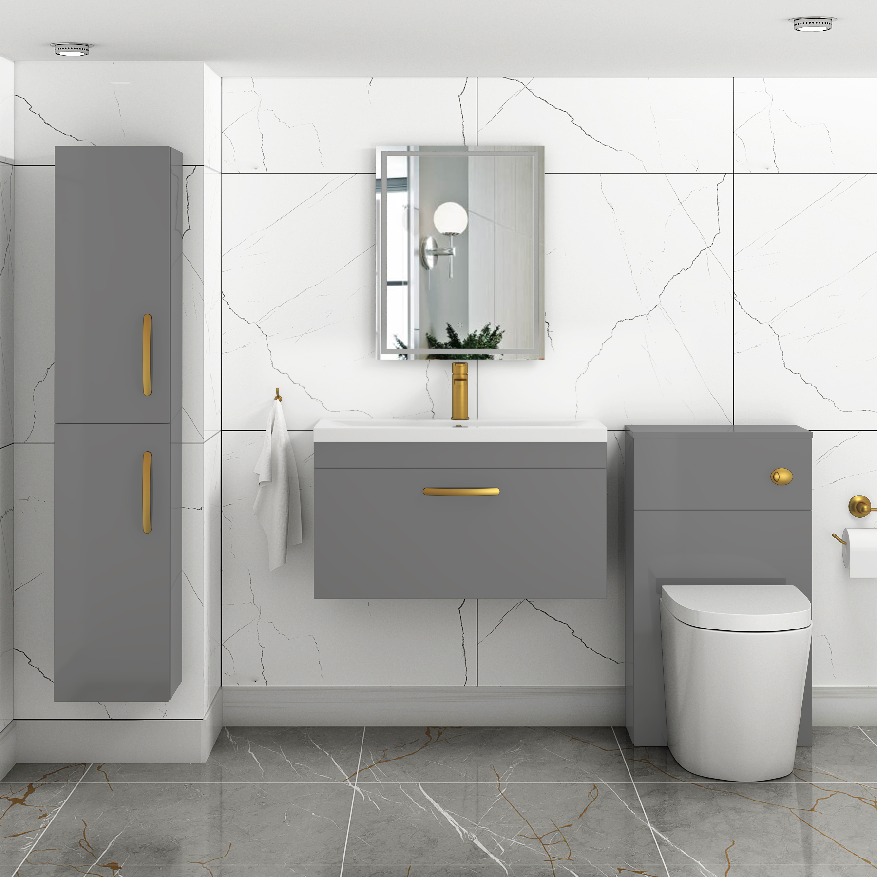 Turin 800mm Wall Hung Vanity Sink Unit 1 Drawer Indigo Grey Gloss - Mid-Edge Basin with Brushed Brass Handle