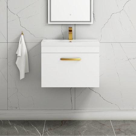 Turin 600mm Wall Hung Vanity Sink Unit 1 Drawer Gloss White - Mid-Edge Basin with Brushed Brass Handle