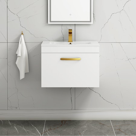 Turin 600mm Wall Hung Vanity Sink Unit 1 Drawer Gloss White - Minimalist Basin with Brushed Brass Handle