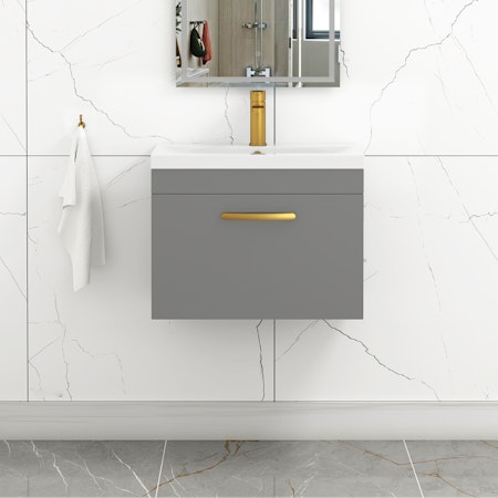 Turin 600mm Wall Hung Vanity Sink Unit 1 Drawer Indigo Grey Gloss - Mid-Edge Basin with Brushed Brass Handle