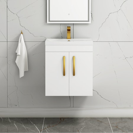 Turin 500mm Wall Hung Vanity Sink Unit 2 Door Gloss White - Mid-Edge Basin with Brushed Brass Handle