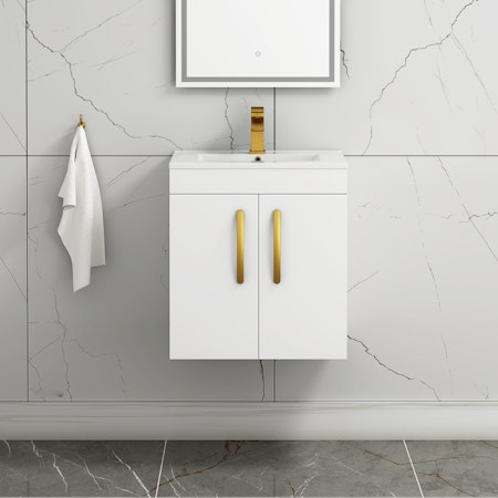 Turin 500mm Wall Hung Vanity Sink Unit 2 Door Gloss White - Minimalist Basin with Brushed Brass Handle