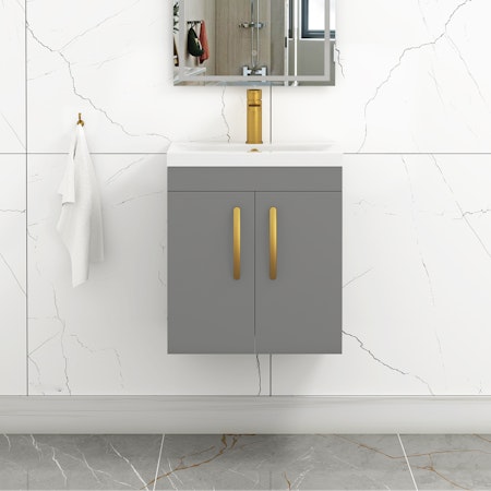 Turin 500mm Wall Hung Vanity Sink Unit 2 Door Indigo Grey Gloss - Mid-Edge Basin with Brushed Brass Handle