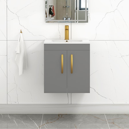 Turin 500mm Wall Hung Vanity Sink Unit 2 Door Indigo Grey Gloss - Minimalist Basin with Brushed Brass Handle