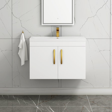 Turin 800mm Wall Hung Vanity Sink Unit 2 Door Gloss White - Mid-Edge Basin with Brushed Brass Handle