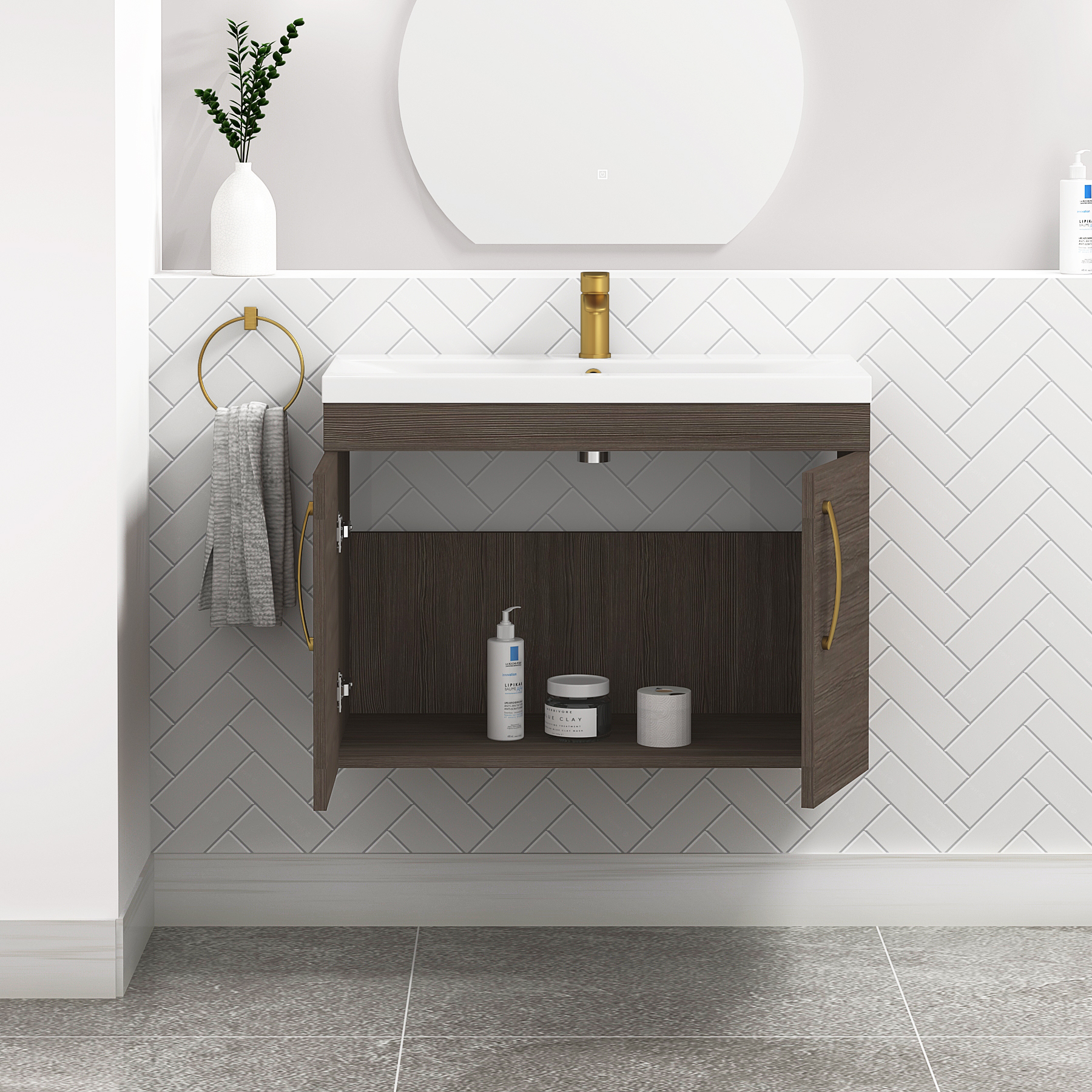 Turin 800mm Wall Hung Vanity Sink Unit 2 Door Grey Elm - Mid-Edge Basin with Brushed Brass Handle