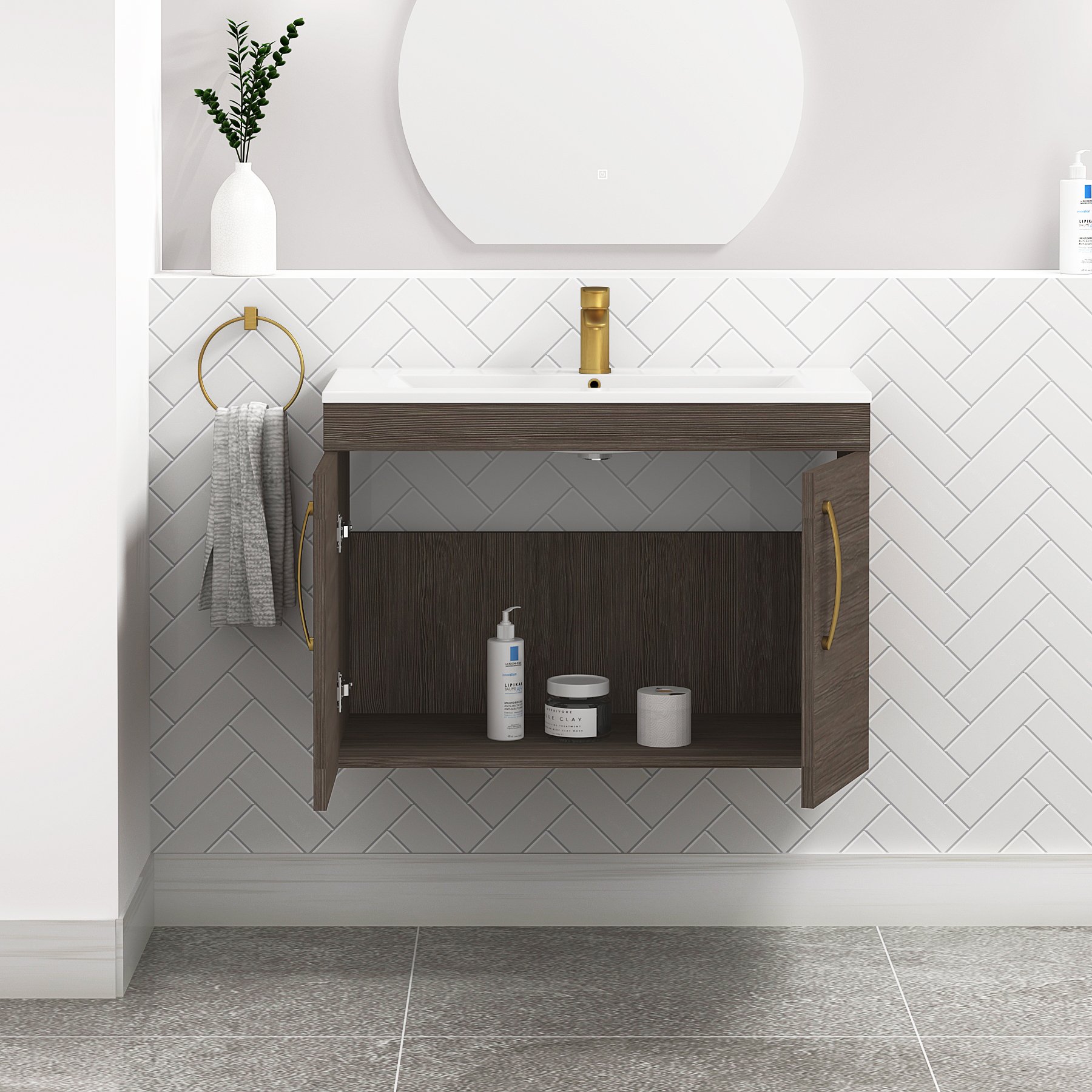 Turin 800mm Wall Hung Vanity Sink Unit 2 Door Grey Elm - Minimalist Basin with Brushed Brass Handle