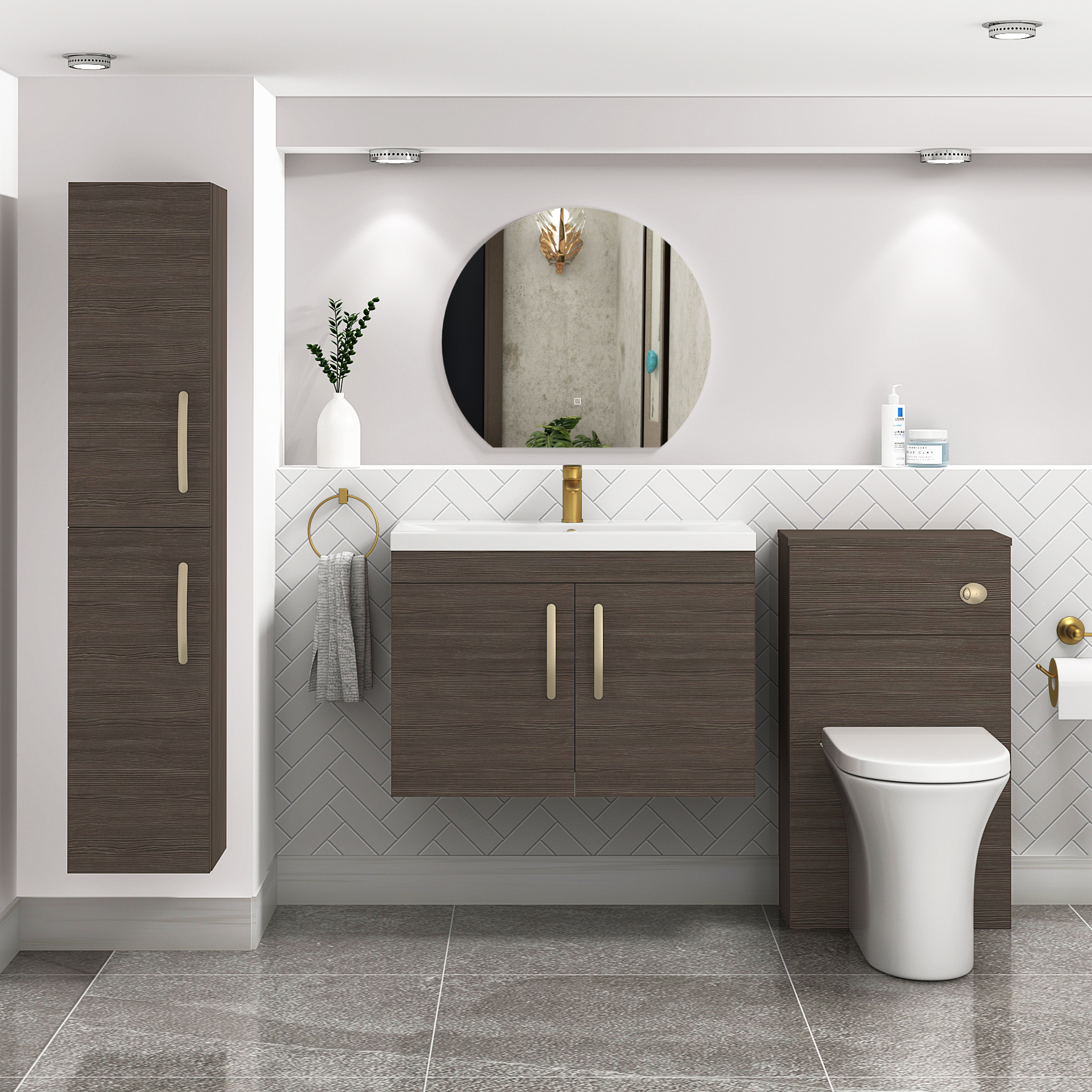 Turin 800mm Wall Hung Vanity Sink Unit 2 Door Grey Elm - Mid-Edge Basin with Brushed Brass Handle