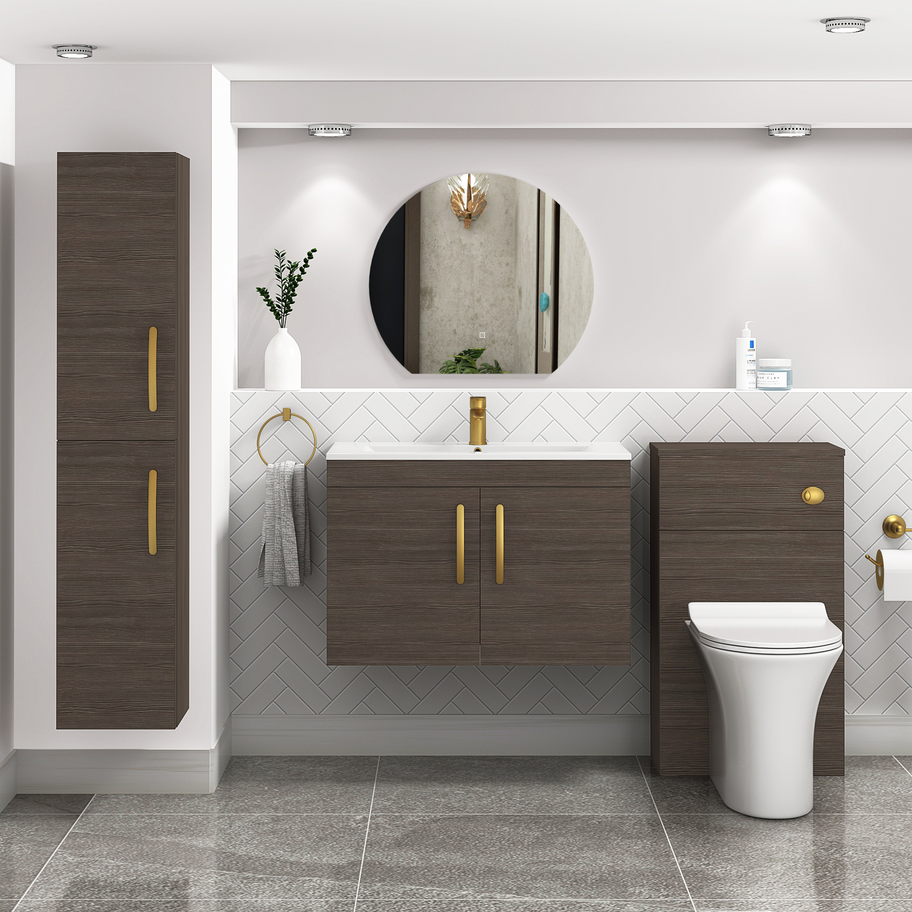 Turin 800mm Wall Hung Vanity Sink Unit 2 Door Grey Elm - Minimalist Basin with Brushed Brass Handle