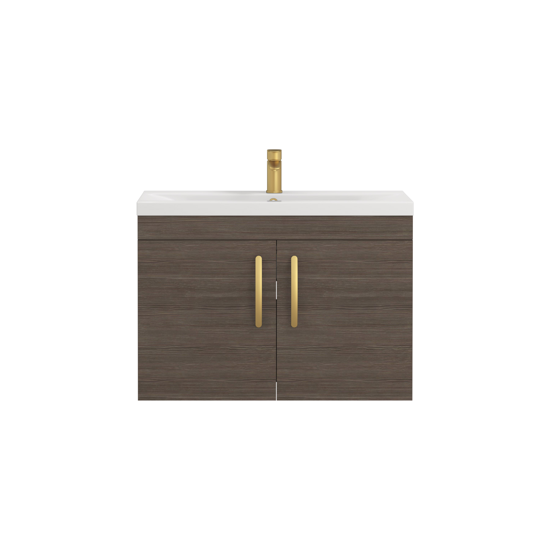 Turin 800mm Wall Hung Vanity Sink Unit 2 Door Grey Elm - Mid-Edge Basin with Brushed Brass Handle