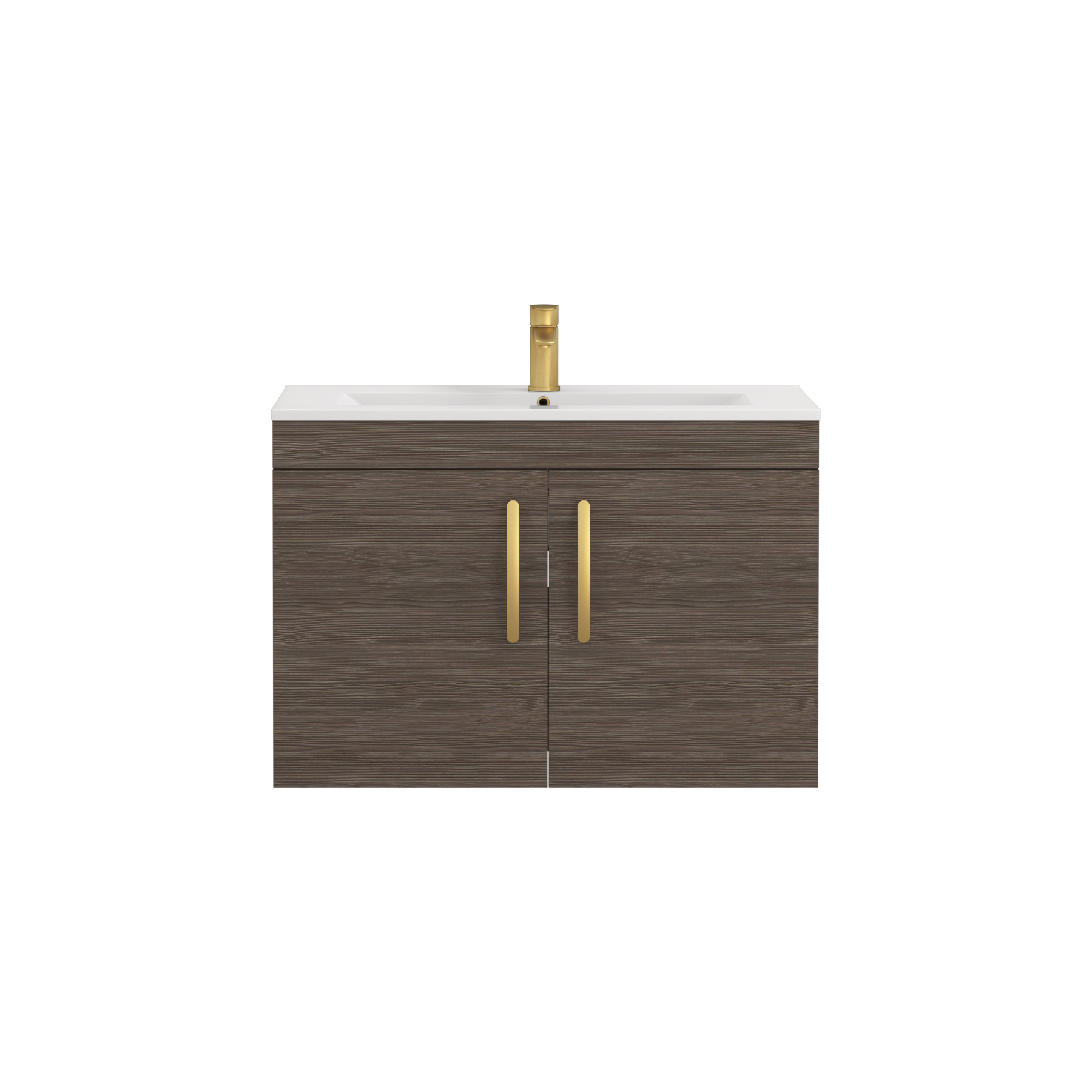 Turin 800mm Wall Hung Vanity Sink Unit 2 Door Grey Elm - Minimalist Basin with Brushed Brass Handle
