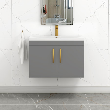 Turin 800mm Wall Hung Bathroom Vanity Unit Cabinet Basin Sink 2 Door Indigo Grey Gloss - Mid-Edge with Brushed Brass Handle