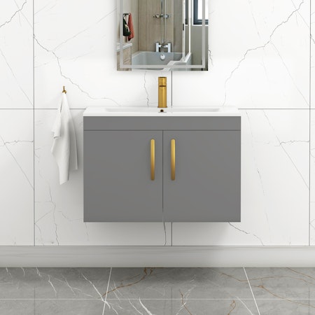 Turin 800mm Wall Hung Bathroom Vanity Sink Unit 2 Door Indigo Grey Gloss - Minimalist Cabinet Basin Sink Storage with Brushed Brass Handle
