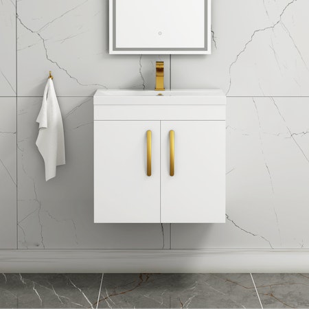 Turin 600mm Wall Hung Vanity Sink Unit 2 Door Gloss White - Mid-Edge Basin with Brushed Brass Handle