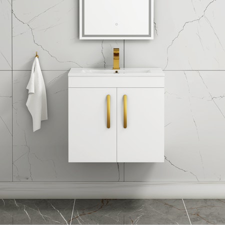 Turin 600mm Wall Hung Vanity Sink Unit 2 Door Gloss White - Minimalist Basin with Brushed Brass Handle