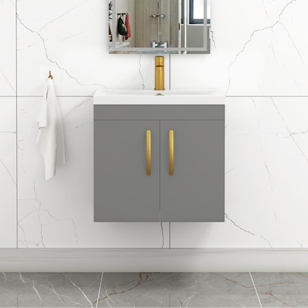 Turin 600mm Wall Hung Vanity Sink Unit 2 Door Indigo Grey Gloss - Mid-Edge Basin with Brushed Brass Handle